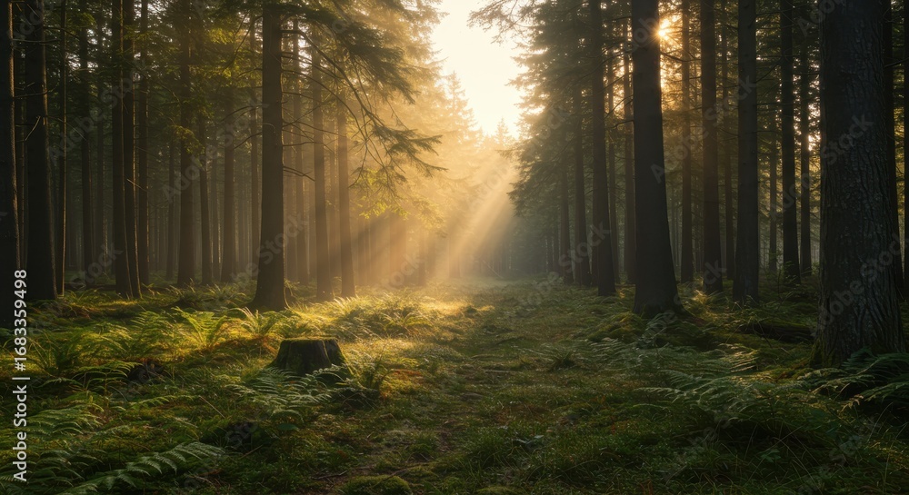 Fototapete sunlight streams through a dense coniferous forest, illuminating a path through the trees.