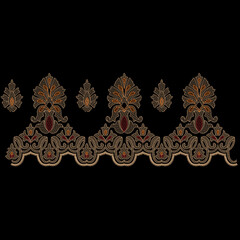 Indian traditional artwork lace border embroidery Daman design illustrated Multi ethnic flowers and leafs leaves with trendy embroidered ornaments and motifs Bunches  © Aliya