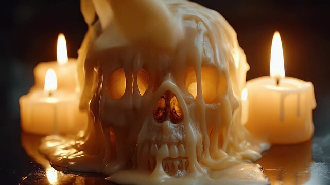 Melting candle skull bathed in warm light detailed close up of a candle wax dripping skull with warm lighting
