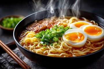 Steaming hot bowl of ramen noodles with egg and meat