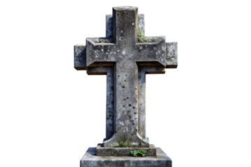 Spooky grey stone gravestone cross isolated for halloween decorations and gothic art projects transparent background