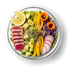 Tuna poke bowl with avocado, mango, and vegetables isolated on white background