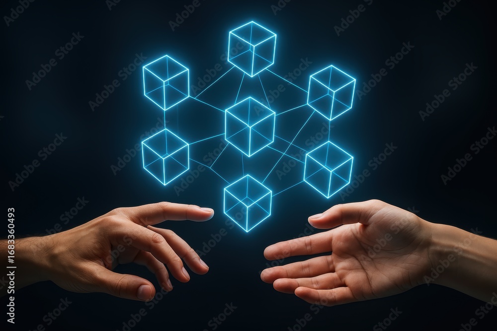 Poster digital collaboration: two hands interact with glowing digital blockchain cubes. the image represent