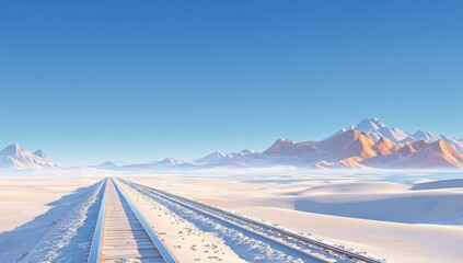Desert railroad track under a vast blue sky