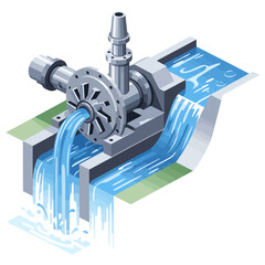 Micro hydro power turbine, an isometric illustration of a water-powered generator showing clean and renewable energy productioni © InArch Design Studio