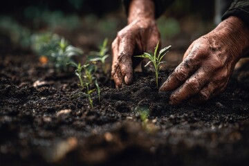 Two hands plant seedlings in dark soil, careful spacing, and firm pressure start a row that will soon grow under warm light and steady watering.