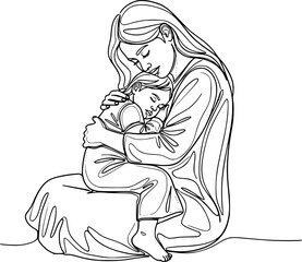 One line drawing of a mother rocking her child to sleep, soft emotional style