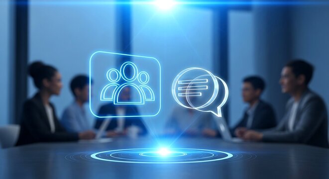 Holographic Business Meeting with Team and Chat Icons