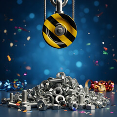 Close-up shot of a pulley system lifting a pile of metal nuts and bolts.