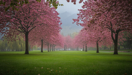 AI generator image of flower garden is blooming in the valley, pink flowers blossom garden is blooming in early spring the popular tourist season. hill blanketed with pink flowers blossoms , emerges t