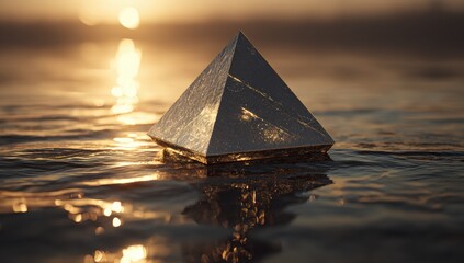 A metallic pyramid floats on rippling water at golden sunset