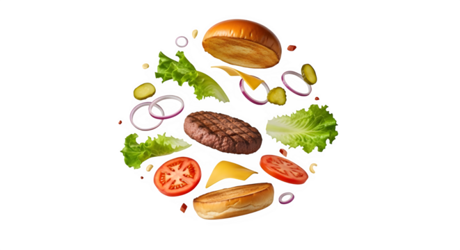 Deconstructed burger ingredients floating in mid air against a black background