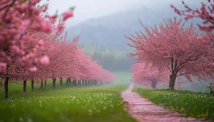AI generator image of flower garden is blooming in the valley, pink flowers blossom garden is blooming in early spring the popular tourist season. hill blanketed with pink flowers blossoms , emerges t