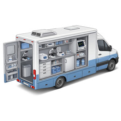 Obraz premium Mobile diagnostic lab van vector, healthcare vehicle, medical testing, on-the-go clinic, scientific research, health technology, coronavirus testing