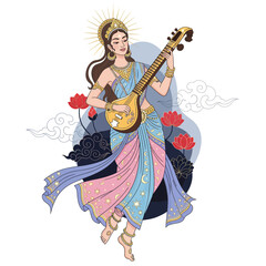 Indian Apsara Playing Veena with Lotus Flowers, a Mythological Goddess Vector Illustration for Apsara
