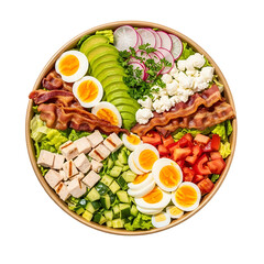 Chef salad with chicken, bacon, avocado and egg keto meal isolated on transparent background