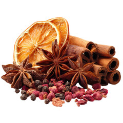 A vibrant collection of dried spices and citrus slices.  Dried orange slices, cinnamon sticks, star anise, and peppercorns create a warm, autumnal scene
