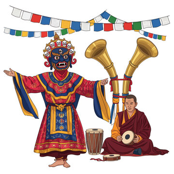 Hemis Festival Ladakh Vector Art: A Cultural Celebration with Chham Dancers and Buddhist Monks