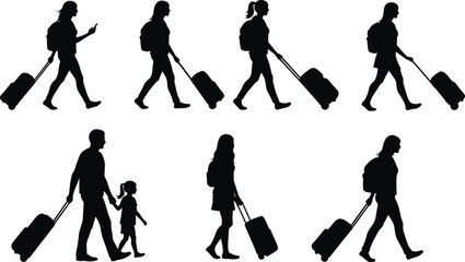 Silhouettes of people walking with suitcases and backpacks, family traveling, woman, man, child, vacation, holiday trip, travel vector art.