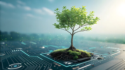 A tree growing from a circuit board, symbolizing technology and nature.
