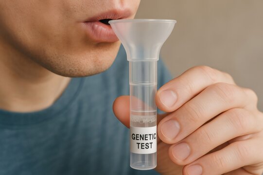 Close up of a man providing a saliva sample for DNA analysis using a specialized collection kit