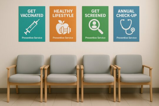 Empty chairs in a waiting room with posters encouraging vaccination, healthy lifestyle, screening, and annual check ups - Powered by Adobe