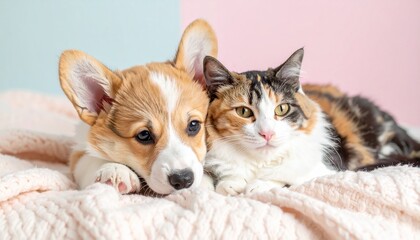 Cute Corgi puppy cuddling with fluffy calico cat on blanket, pastel background, cozy home atmosphere, adorable pets bonding in soft and heartwarming style.
