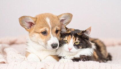 Cute Corgi puppy cuddling with fluffy calico cat on blanket, pastel background, cozy home atmosphere, adorable pets bonding in soft and heartwarming style.