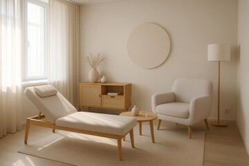 Sunlight illuminating relaxing waiting room furniture, including comfortable chaise lounge, armchair, and minimalist decor