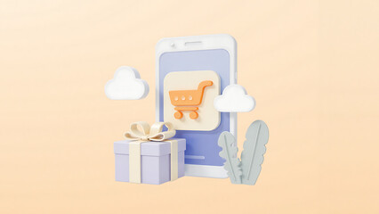 Online Shopping Concept with Smartphone, Gift Box, and Clouds