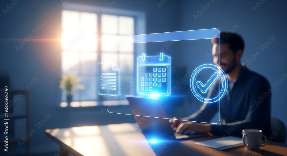 Poster man working on laptop with virtual business management interface