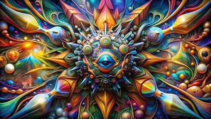 Vibrant abstract design with eye motif and cosmic elements.