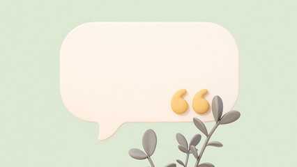 Speech bubble with quotation marks and abstract branches on a soft green background