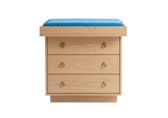 Light beige wooden dresser with three drawers and a light blue changing mat top, displayed against a dark background.