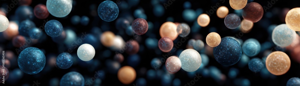 Poster abstract representation of floating spheres in various colors, illustrating a dynamic and vibrant vi