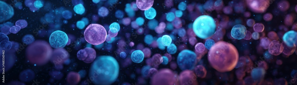 Poster a vibrant abstract display of colorful bubbles or particles, set against a dark background, creating