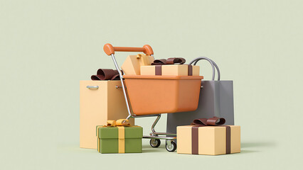 Shopping Cart with Gift Boxes and Bags on a Pastel Background