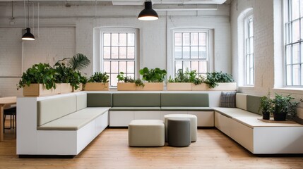 Fototapeta premium A modern, cozy seating area with greenery, featuring minimalist design and natural light, ideal for relaxation or socializing.