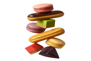 
Floating Dessert Tower – Colorful Macarons, Éclairs, Chocolate Petit Fours in Geometric Mid-Air Arrangement, Isolated