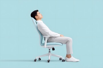 Obraz premium Young businessman relaxing in modern office chair, finding calm amidst busy workday