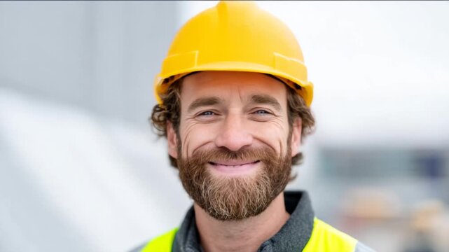 Smiling Caucasian male in construction gear, conveying confidence and safety in a work environment, relatable for Labor Day or construction-themed promotions