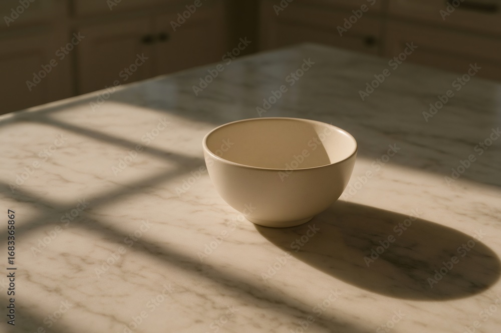 Poster sunlight streaming through a window highlights an empty white ceramic bowl resting on a marble kitch