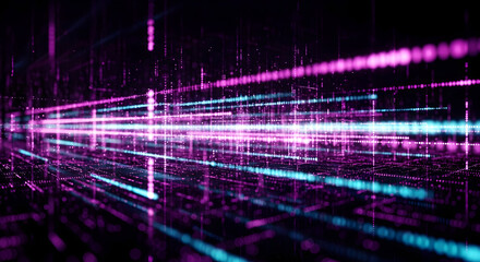 Immersive digital network tunnel with glowing neon lines and data streams in vibrant purple and blue