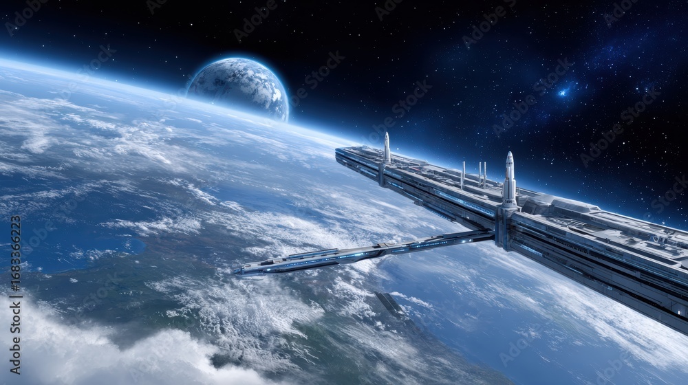 Poster a futuristic space station orbits earth, with a distant view of the planet and a cosmic backdrop fil