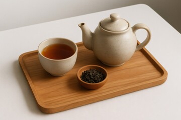 Fototapeta premium Ceramic teapot and cup with black tea and dried tea leaves displayed on a wooden tray, creating a cozy and inviting atmosphere