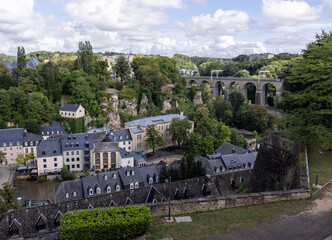Panoramic view of the historic Grund district in Luxembourg City, featuring the iconic Adolphe...
