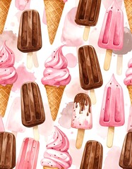 A delightful repeating pattern of watercolor ice cream treats, featuring pink and dark chocolate ice cream cones and popsicles, set against a backdrop of whimsical watercolor splatters.
