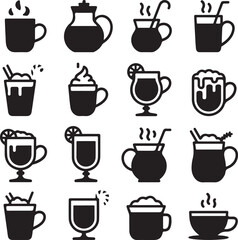 Assortment of hot and cold beverage icons in silhouette coffee hot chocolate