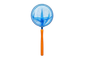 A bright blue mesh fishing net with an orange wooden handle is featured against a black background.