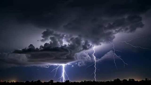 A dramatic night storm with powerful lightning bolts illuminating dark clouds above the horizon.